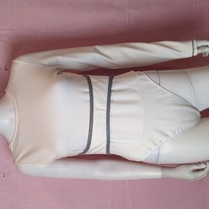 Maniere De Voir White Bodysuit with Faux Leather Trim Banded Waist size UK 14